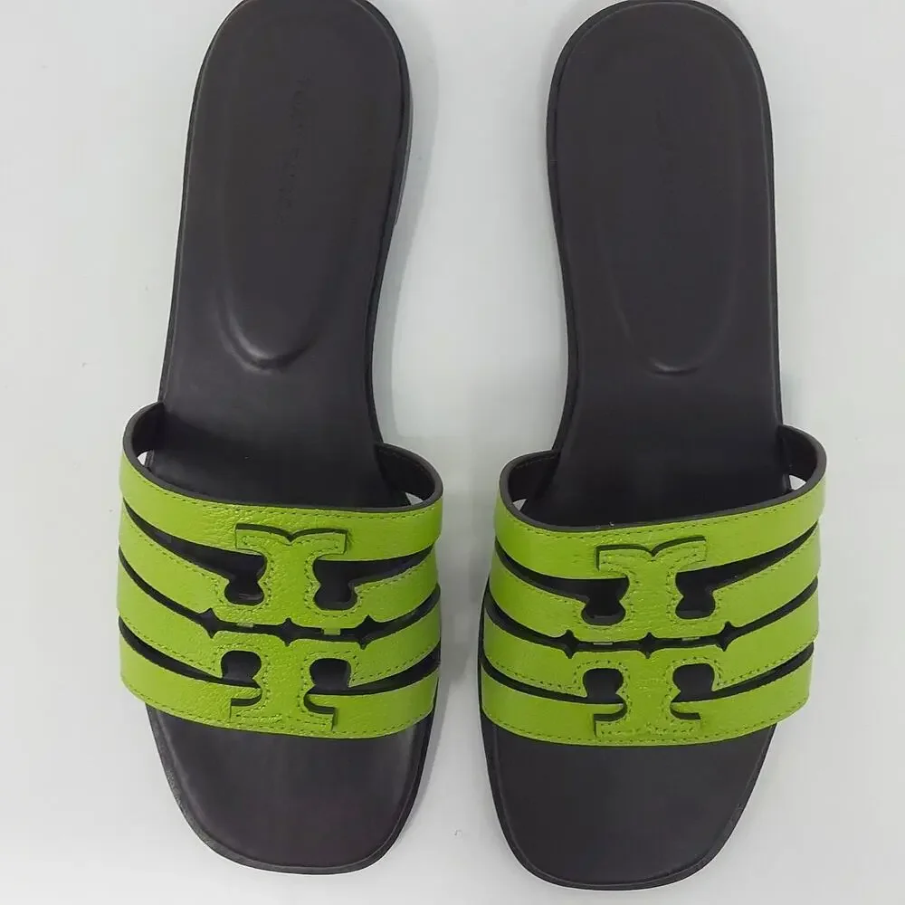 Tory Burch Ines Cage Slide Sandals Light Chartreuse Cocoa Leather US 8